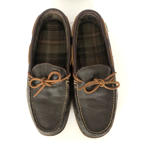 L.L. BEAN Handsewn Flannel-Lined Slippers Moccasin Men's Sz 10 Brown #71341 Nice - Picture 3 of 9